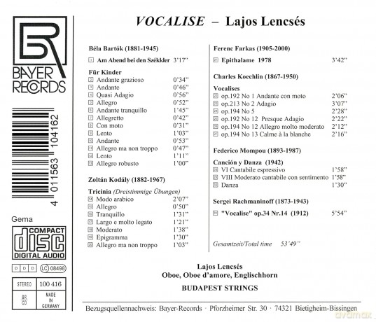 Lajos Lencses; Budapest Strings-Vocalise: Works By Bartok Kodaly Koechlin: Lajos Lencses; Budapest Strings-Vocalise: Works By Bartok Kodaly Koechlin [CD]