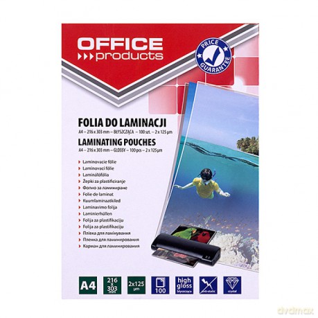 Folia do laminowania A4 Office Products 2x125mikr błyszcząca 100szt. Transparentna