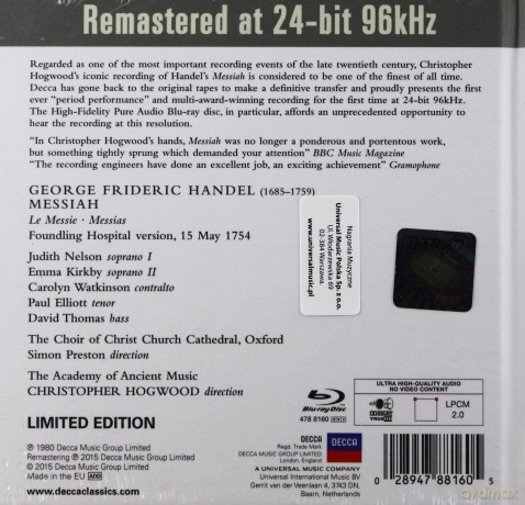 Christopher Hogwood: Handel Messiah [2CD]+[Blu-Ray]