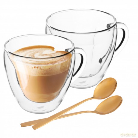 Andrea Kpl. 2 Kubków Termicznych Z Sercem 250ml + 2 Złote Łyżeczki