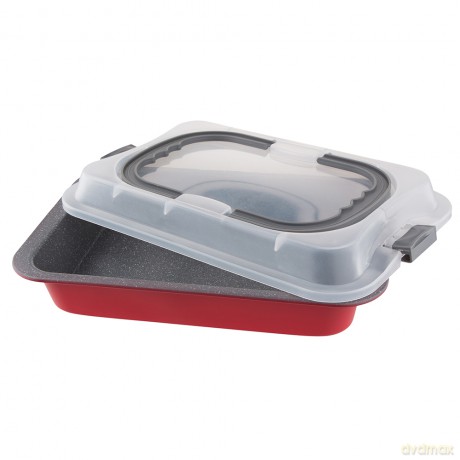 Forma Prostokątna Do Ciasta 36,3x24,5x H5,5cm z Plastikową Pokrywą I Uchwytem Czerwona