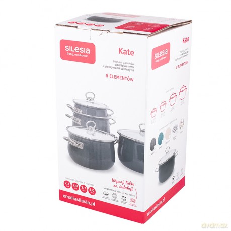 Kate Komplet 8el.Garnków Emal. z Pok.Szkl. 16-22cm Dek.Czarny Kwiat