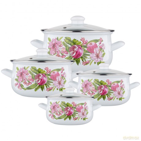 Klara Komplet 8el.Garnków Emal. z Pok.Szkl. 16-22cm Dek. Hibiskus