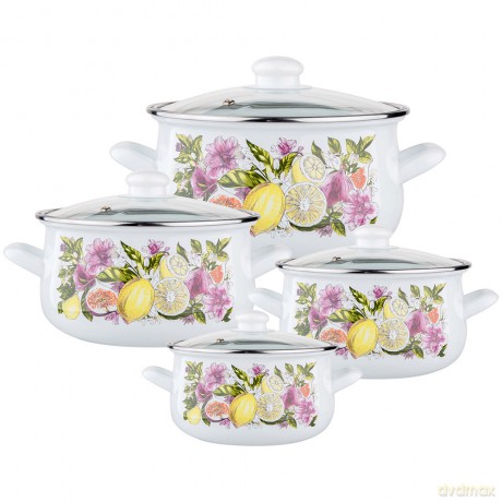 Klara Komplet 8el.Garnków Emal. z Pok.Szkl. 16-22cm Dek. Lemon