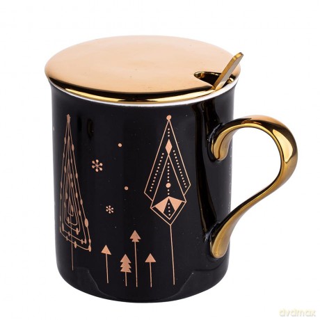 Kubek 240 Ml Nbc Z Pokrywką I Łyżeczką Czarny Dek. Gold Tree Gift Box