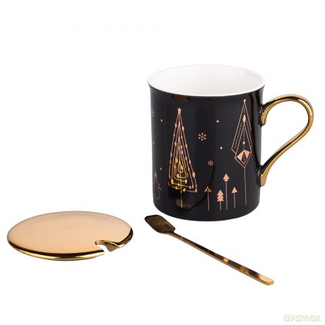Kubek 240 Ml Nbc Z Pokrywką I Łyżeczką Czarny Dek. Gold Tree Gift Box