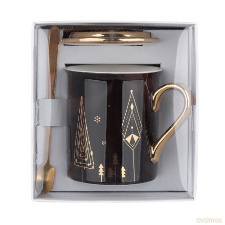 Kubek 240 Ml Nbc Z Pokrywką I Łyżeczką Czarny Dek. Gold Tree Gift Box