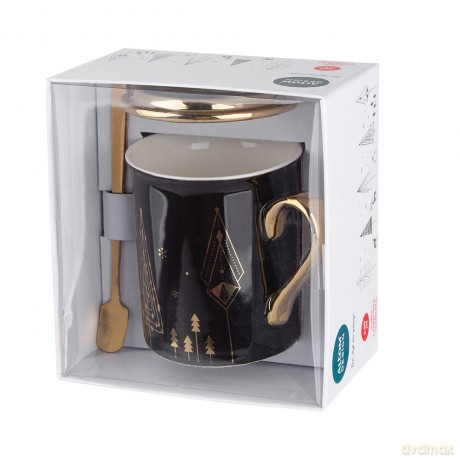 Kubek 240 Ml Nbc Z Pokrywką I Łyżeczką Czarny Dek. Gold Tree Gift Box