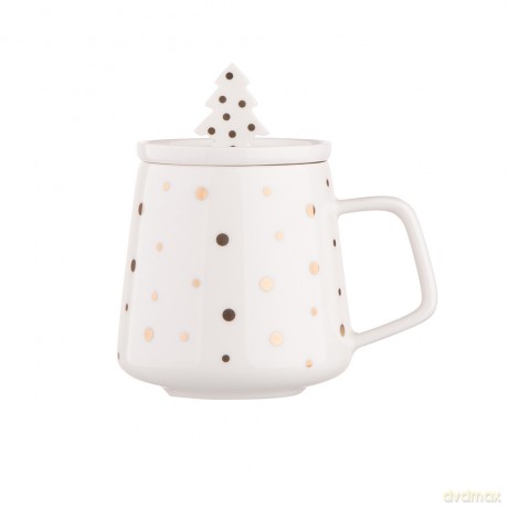 Kubek Choinka Nbc 370 Ml Z Pokrywką Biały w Złote Kropki w Color Box