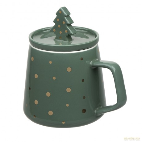 Kubek Choinka Nbc 370 Ml Z Pokrywką Zielony w Złote Kropki w Color Box