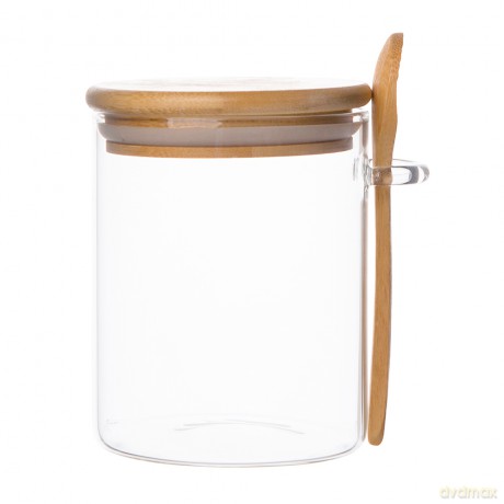 Pojemnik Borosilikat Okrągły z Bambusową Pokrywką I Łyżeczką 490ml (Color Box)