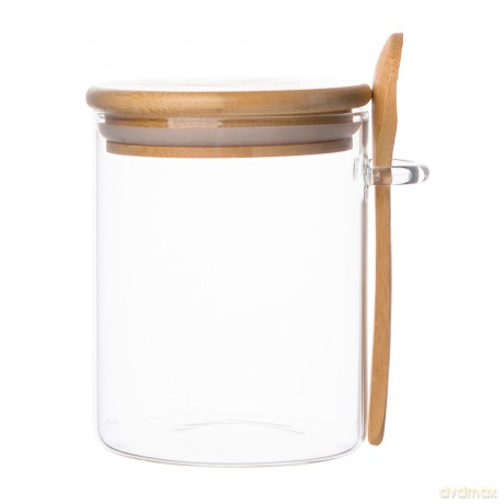 Pojemnik Borosilikat Okrągły z Bambusową Pokrywką I Łyżeczką 570ml (Color Box)
