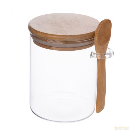 Pojemnik Borosilikat Okrągły z Bambusową Pokrywką I Łyżeczką 570ml (Color Box)