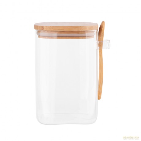 Pojemnik Kwadratowy Borosilikat 1000ml z Bambusową Pokrywką I Łyżeczką