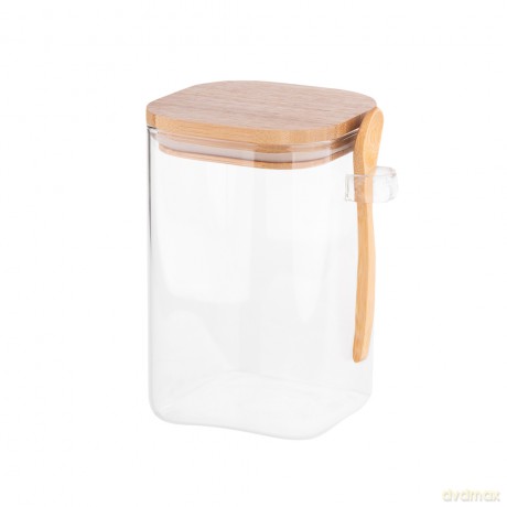 Pojemnik Kwadratowy Borosilikat 1000ml z Bambusową Pokrywką I Łyżeczką