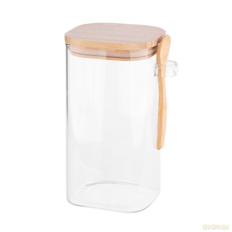 Pojemnik Kwadratowy Borosilikat 1200ml z Bambusową Pokrywką I Łyżeczką