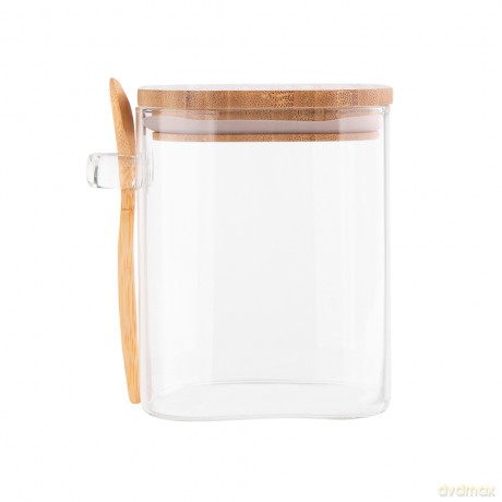 Pojemnik Kwadratowy Borosilikat 800ml z Bambusową Pokrywką I Łyżeczką
