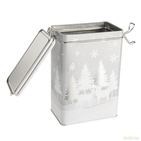 Puszka Prostokątna z Klipsem 12x8x19 cm Dek. Srebrne Choinki