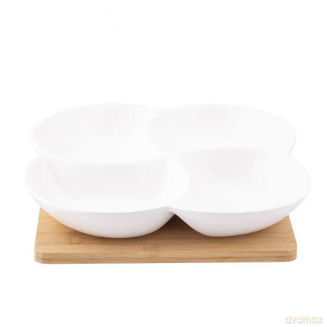 Regular Naczynie Dzielone z Porcelany Kremowej 22x22x3,5 cm Na Bambusowej Podstawie 19,5x19,5x1 cm