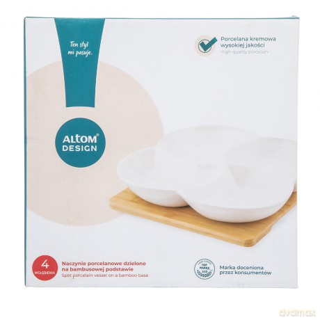 Regular Naczynie Dzielone z Porcelany Kremowej 22x22x3,5 cm Na Bambusowej Podstawie 19,5x19,5x1 cm