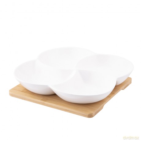 Regular Naczynie Dzielone z Porcelany Kremowej 22x22x3,5 cm Na Bambusowej Podstawie 19,5x19,5x1 cm