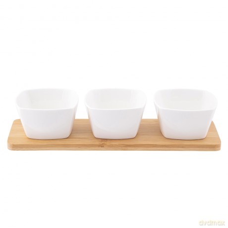 Regular Zest. 3 Dipów Kwadratowych z Porcelany Kremowej 150 Ml Na Bambusowej Podstawie 28x8,5x1cm