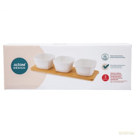 Regular Zest. 3 Dipów Kwadratowych z Porcelany Kremowej 150 Ml Na Bambusowej Podstawie 28x8,5x1cm
