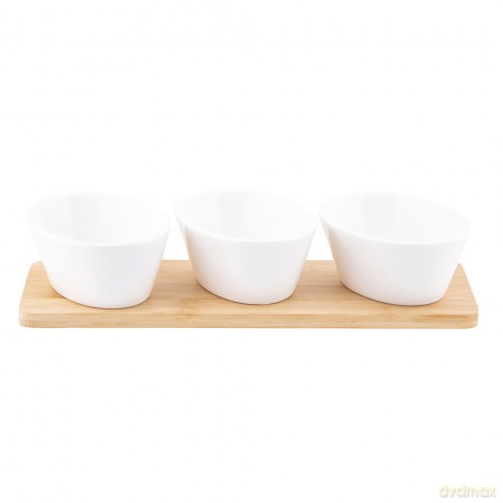 Regular Zest. 3 Dipów Owalnych z Porcelany Kremowej 150 Ml Na Bambusowej Podstawie 28x8,5x1cm
