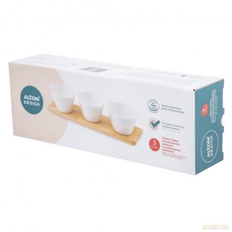 Regular Zest. 3 Dipów Owalnych z Porcelany Kremowej 150 Ml Na Bambusowej Podstawie 28x8,5x1cm