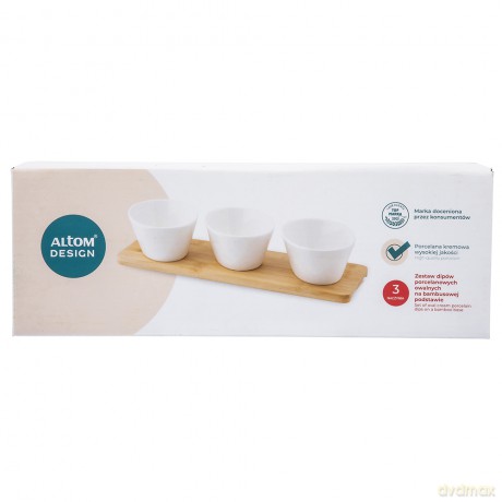 Regular Zest. 3 Dipów Owalnych z Porcelany Kremowej 150 Ml Na Bambusowej Podstawie 28x8,5x1cm