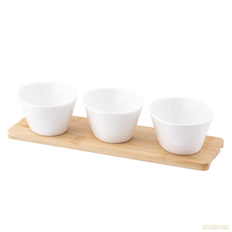 Regular Zest. 3 Dipów Owalnych z Porcelany Kremowej 150 Ml Na Bambusowej Podstawie 28x8,5x1cm
