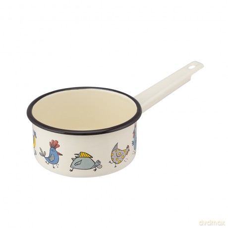 Rondel Emaliowany z Trzonkiem 1,0l Śr.14cm Wys.7cm Dek. Kurki