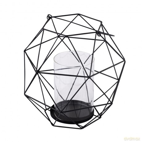 Świecznik Metalowy Geometryczny z Uchwytem I Szklanym Wkładem 22x22x22 cm Czarny