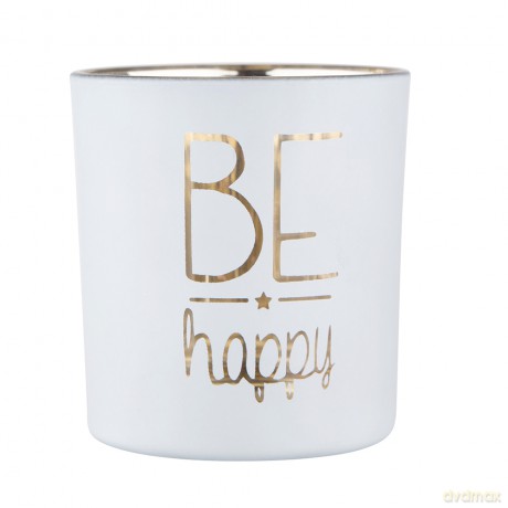 Świecznik Szklany Biały Ze Złotym Wnętrzem 7x8 cm Dek. Be Happy