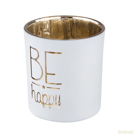 Świecznik Szklany Biały Ze Złotym Wnętrzem 7x8 cm Dek. Be Happy