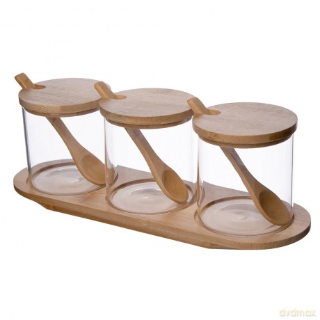 Zestaw 3 Pojemników Borosilikat z Łyżeczkami Na Podstawce 3x330ml (Color Box)