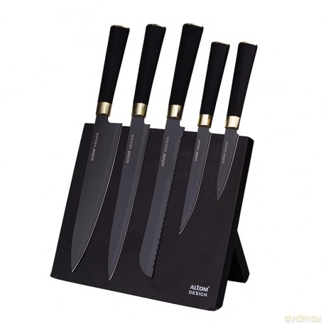 Zestaw Noży, Ostrza z Powłoką Non-Stick, Czarne Ze Złotym Dodatkiem, z Magnetycznym Blokiem, 5 Szt.