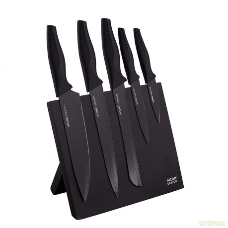 Zestaw Noży, Ostrza z Powłoką Non-Stick, Czarne, z Magnetycznym Blokiem, 5 Szt.