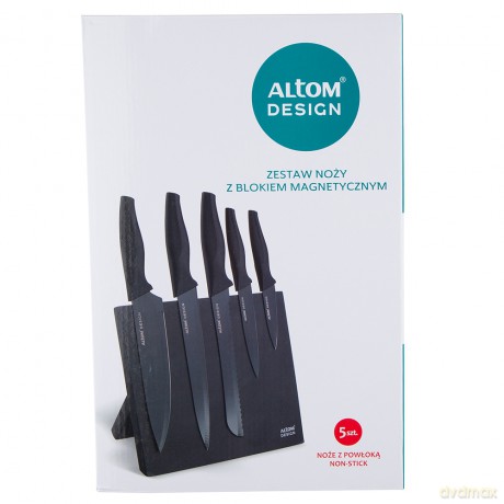 Zestaw Noży, Ostrza z Powłoką Non-Stick, Czarne, z Magnetycznym Blokiem, 5 Szt.