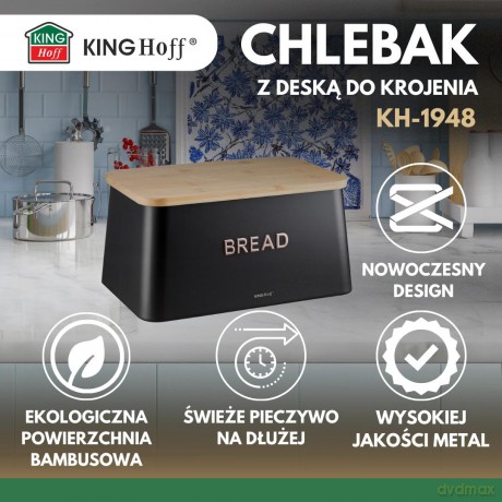 Chlebak stalowy, bambusowa pokrywa-deska do krojenia, czarny, kinghoff, kh-1948