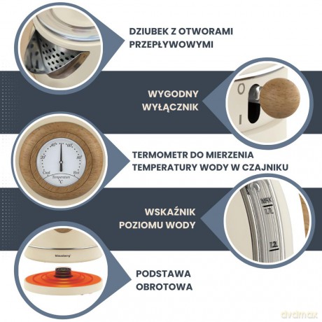 Czajnik elektryczny retro z termometrem, 1,7l, kremowy, stal nierdzewna 304