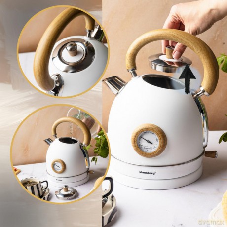 Czajnik elektryczny z termometrem, stal nierdzewna, bialy z drewnem, 1,8l, 1850-2200w, klausberg, kb-9007