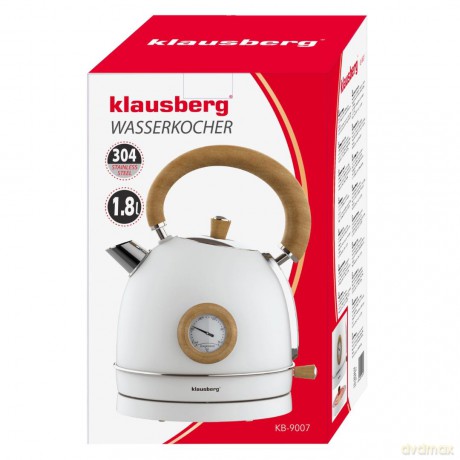 Czajnik elektryczny z termometrem, stal nierdzewna, bialy z drewnem, 1,8l, 1850-2200w, klausberg, kb-9007