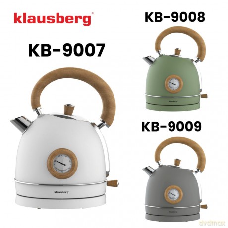 Czajnik elektryczny z termometrem, stal nierdzewna, bialy z drewnem, 1,8l, 1850-2200w, klausberg, kb-9007