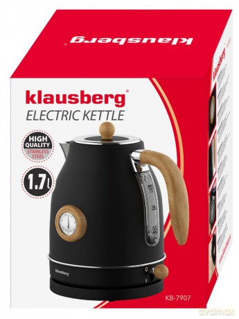 Czajnik elektryczny z termometrem, stal nierdzewna, czarny z drewnem, 1,7l, 1850-2200w, klausberg, kb-7907