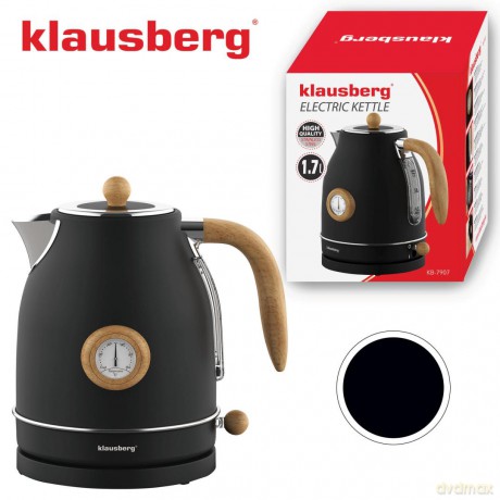 Czajnik elektryczny z termometrem, stal nierdzewna, czarny z drewnem, 1,7l, 1850-2200w, klausberg, kb-7907