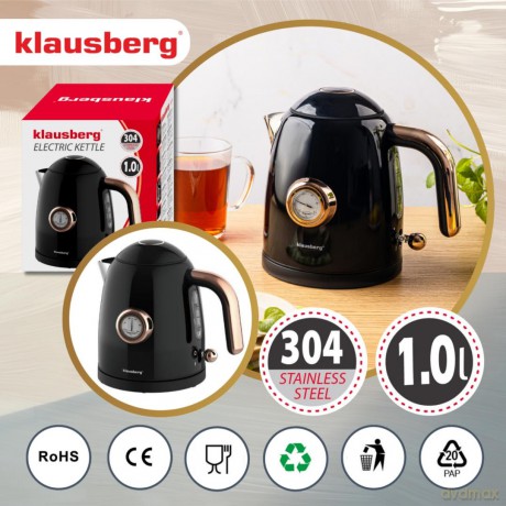Czajnik elektryczny z termometrem, stal nierdzewna, czarny, 1,0l, 1200w, klausberg, kb-9017