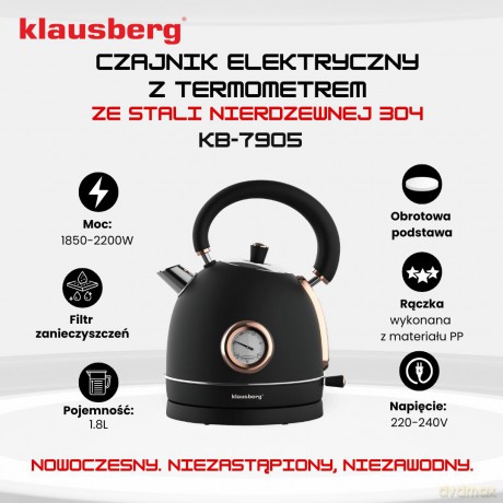 Czajnik elektryczny z termometrem, stal nierdzewna, czarny/rose gold 1,8l, 1850-2200w, klausberg, kb-7905