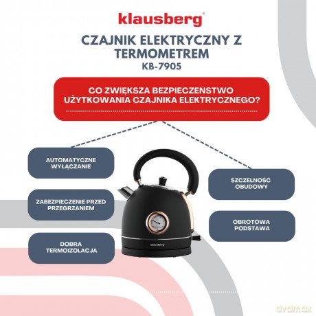 Czajnik elektryczny z termometrem, stal nierdzewna, czarny/rose gold 1,8l, 1850-2200w, klausberg, kb-7905