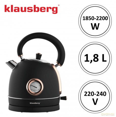 Czajnik elektryczny z termometrem, stal nierdzewna, czarny/rose gold 1,8l, 1850-2200w, klausberg, kb-7905